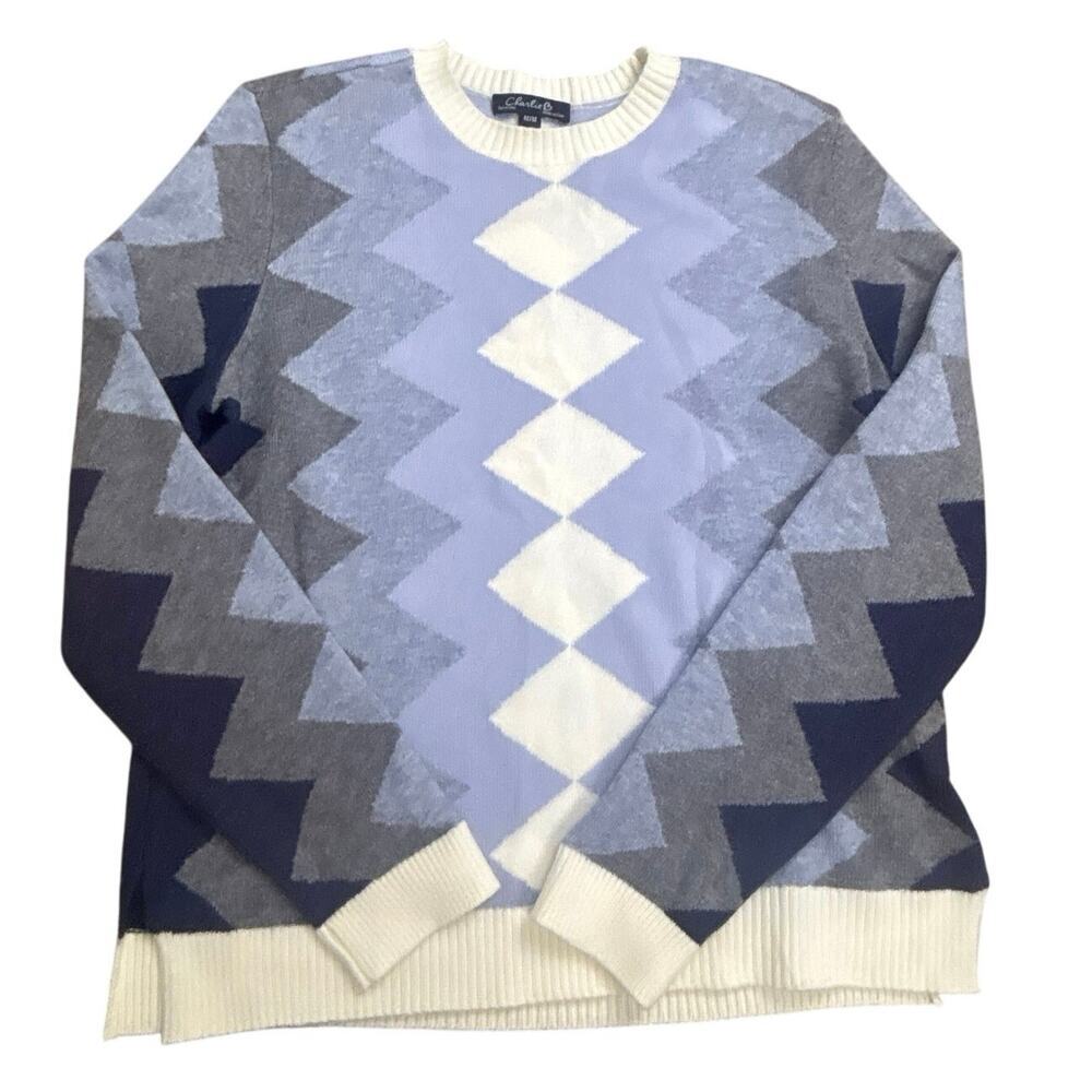 Charlie B Women’s M Geometric Zigzag Knit Sweater Long Sleeve Blue Gray White